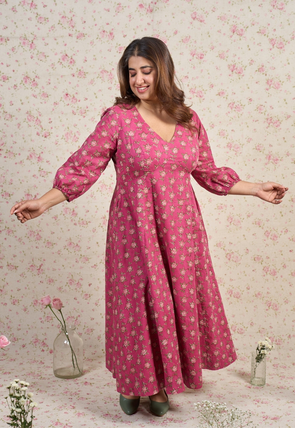 Julia Pink Sanganeri Mul Cotton A Line Dress