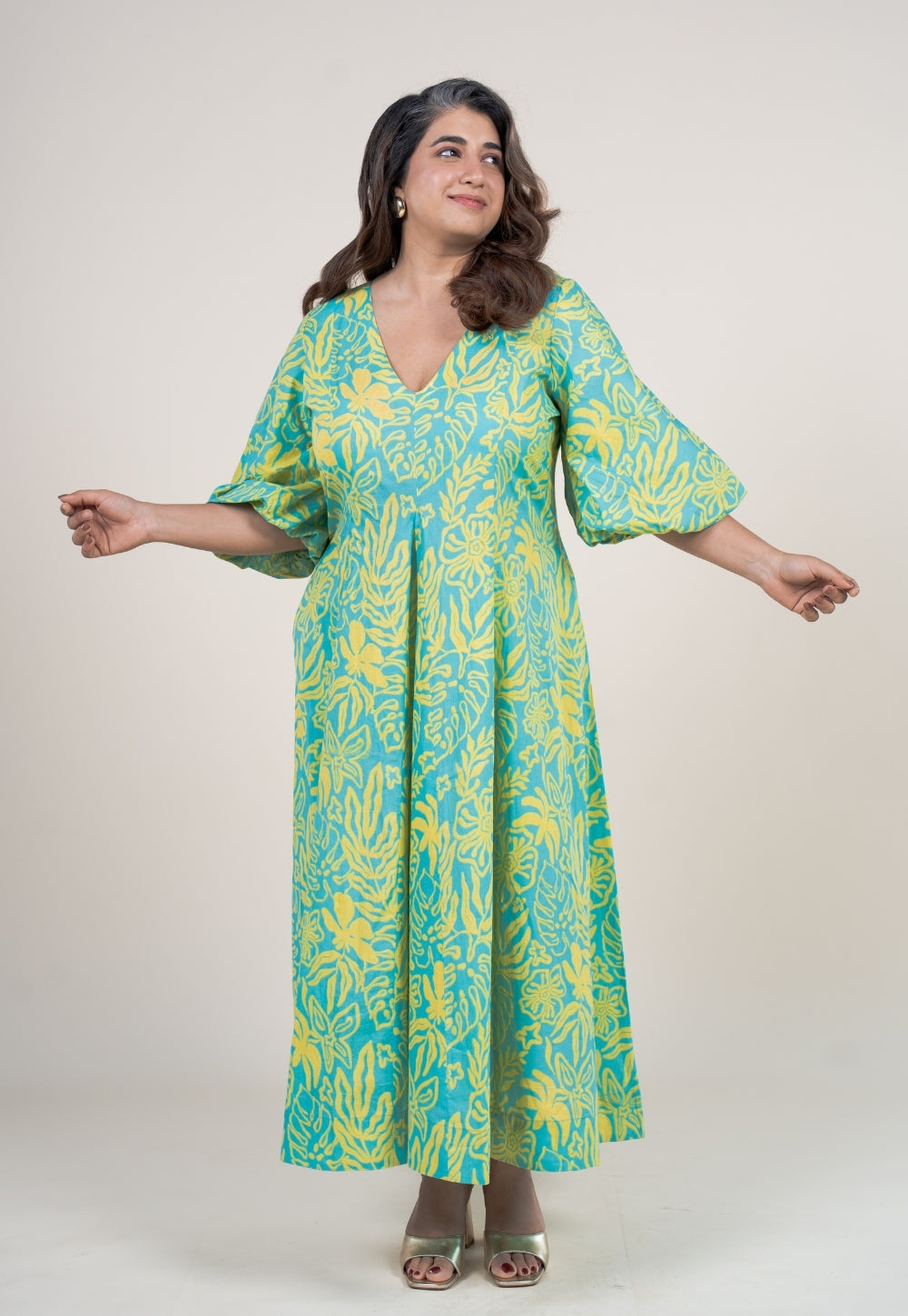 Tanisha Blue Turquoise Printed Cotton A Line Dress