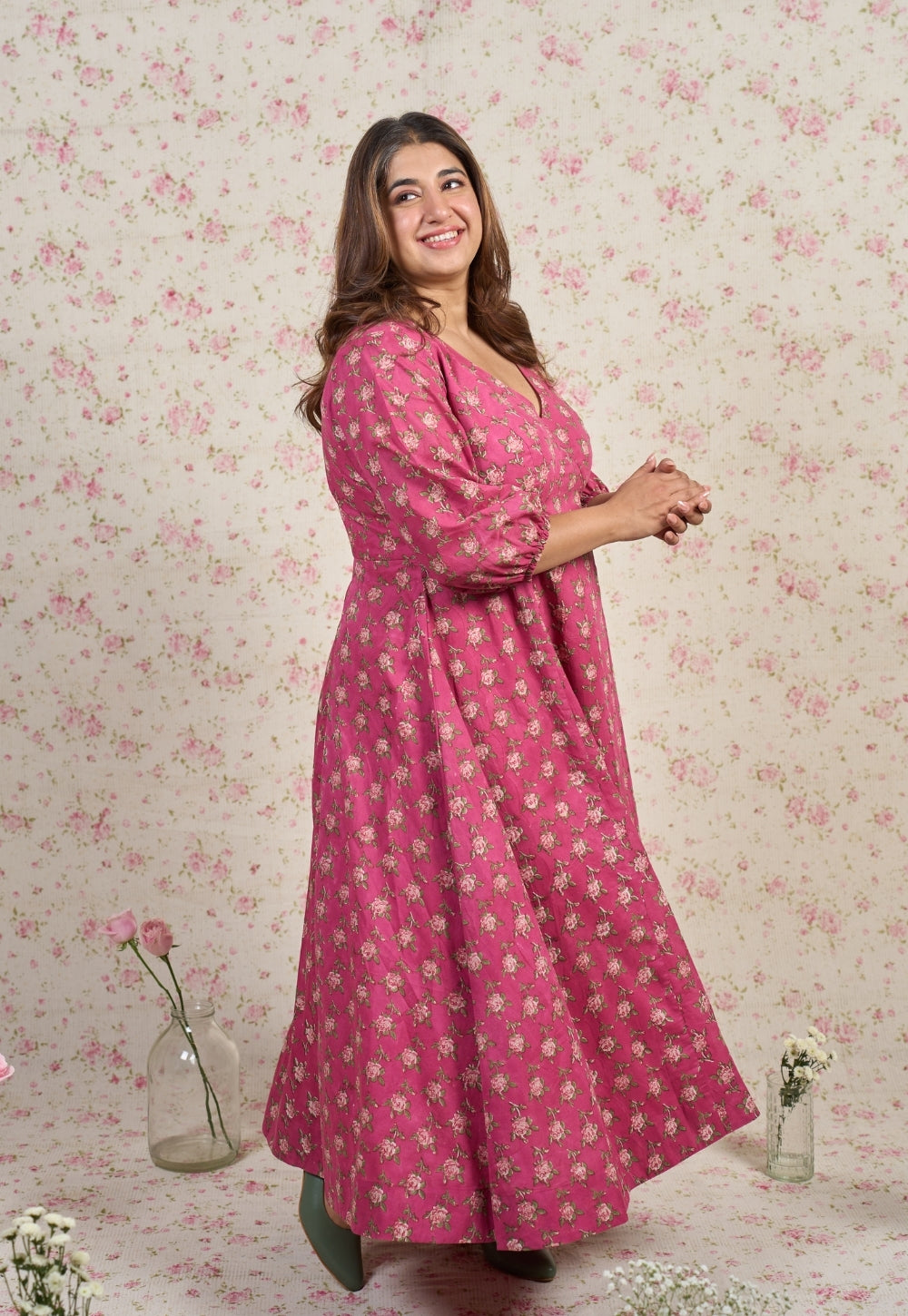 Julia Pink Sanganeri Mul Cotton A Line Dress