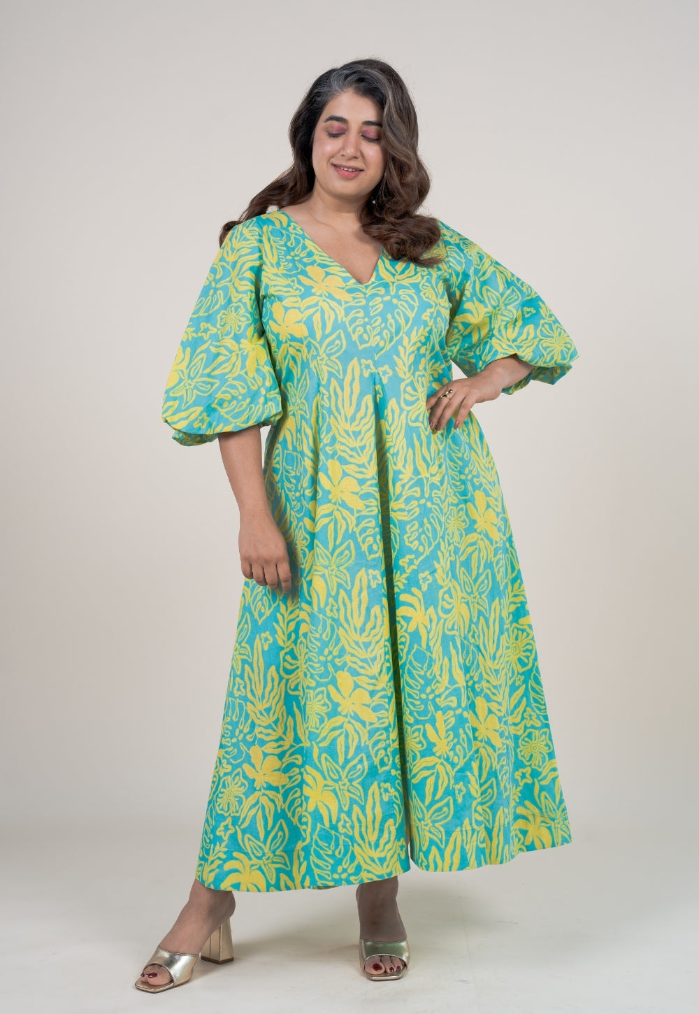 Tanisha Blue Turquoise Printed Cotton A Line Dress