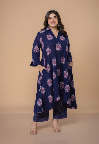 Simran Purple Dabu Slub Cotton A Line Kurta