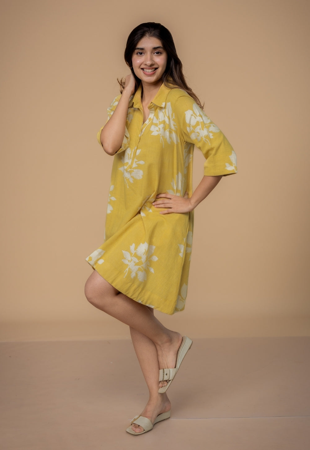 Srisha Yellow Dabu Slub Cotton A Line Dress