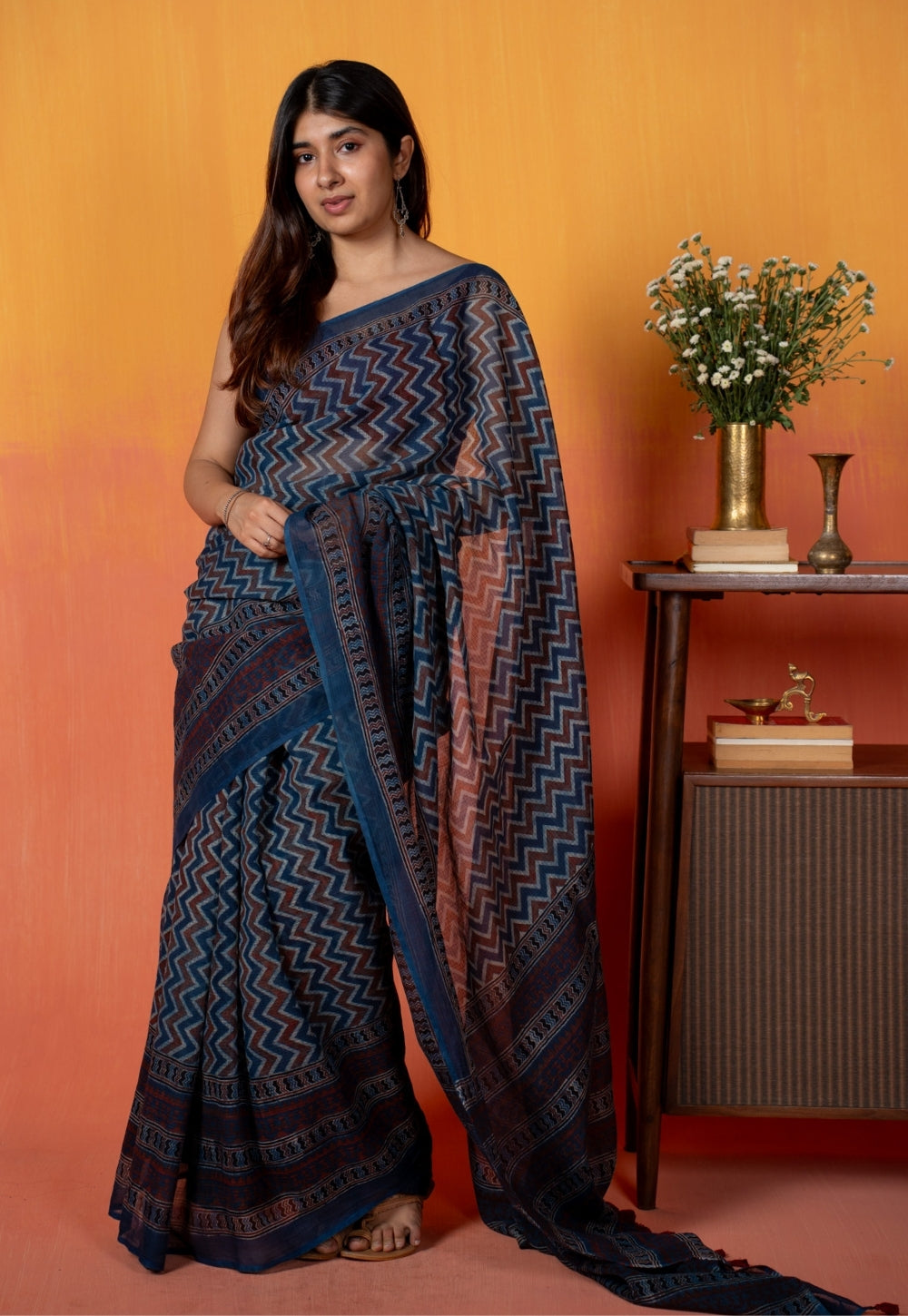 Blue Chevron Ajrakh Hand Block Print Kota Doria Cotton Saree