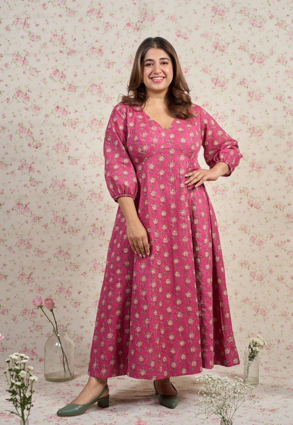 Julia Pink Sanganeri Mul Cotton A Line Dress