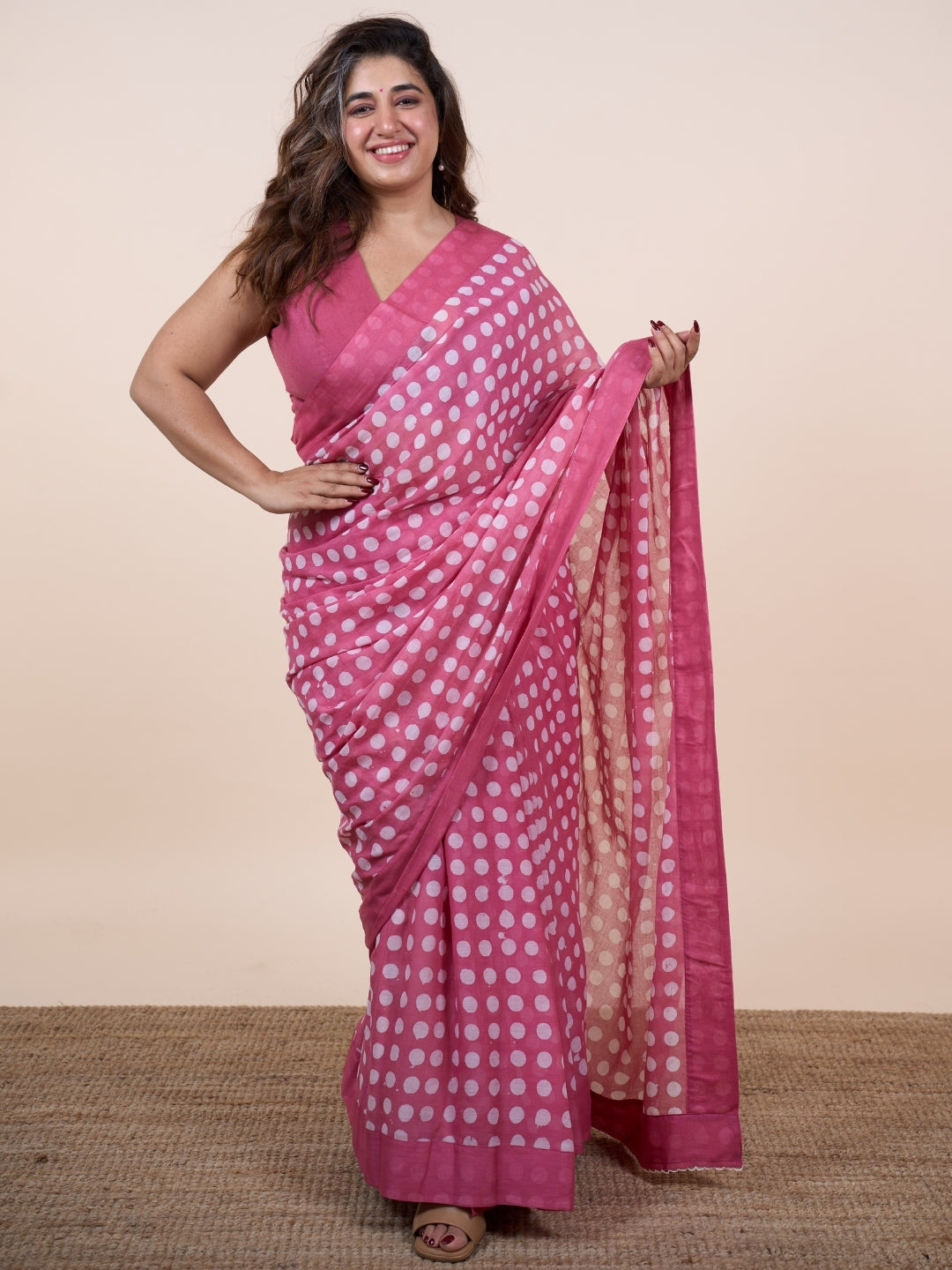 Areeza Pink Batik Hand Block Print Mul Cotton Saree with Embroidery