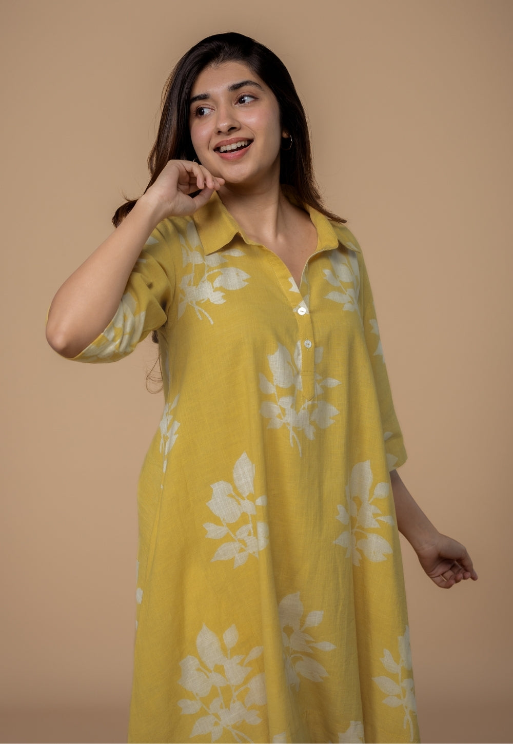 Srisha Yellow Dabu Slub Cotton A Line Dress
