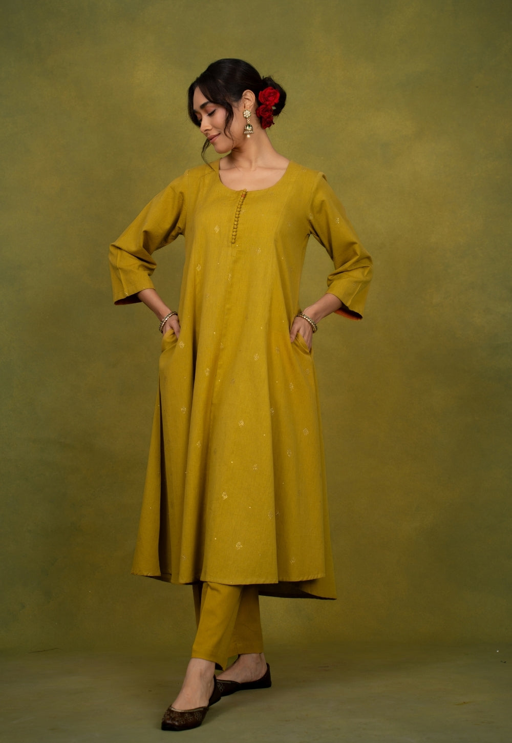 Maryam Yellow Rogan Handblock Printed Cotton Kali Kurta Suit Set (Set of 3)