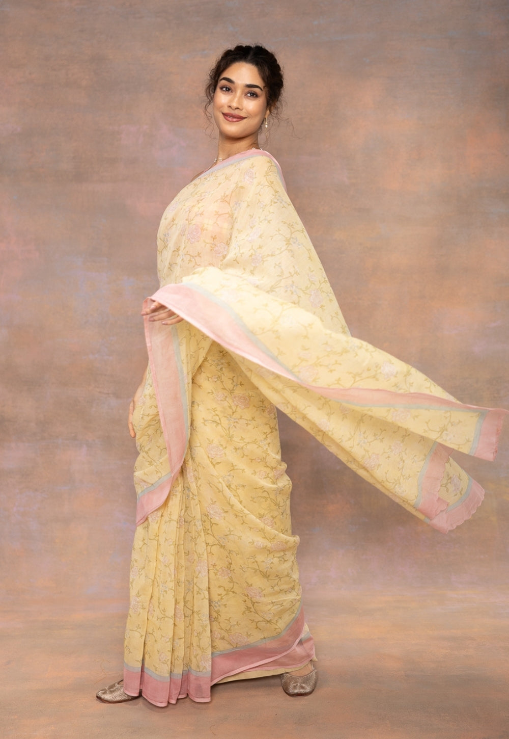Yellow Sanganeri Hand Block Print Chanderi Silk Saree