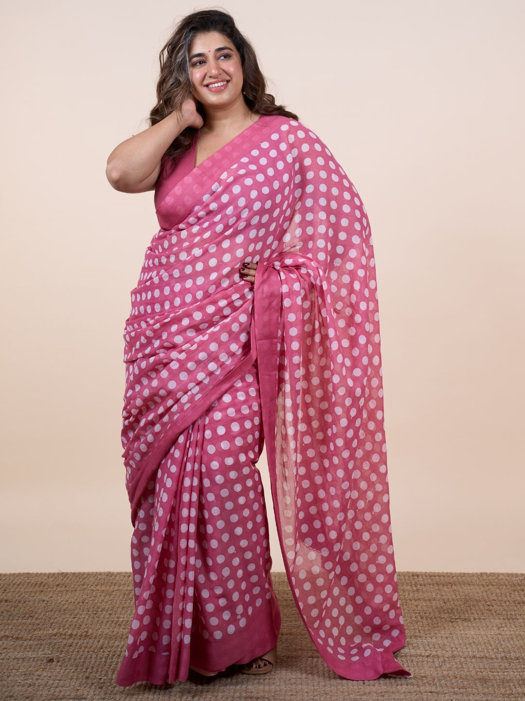 Areeza Pink Batik Hand Block Print Mul Cotton Saree with Embroidery