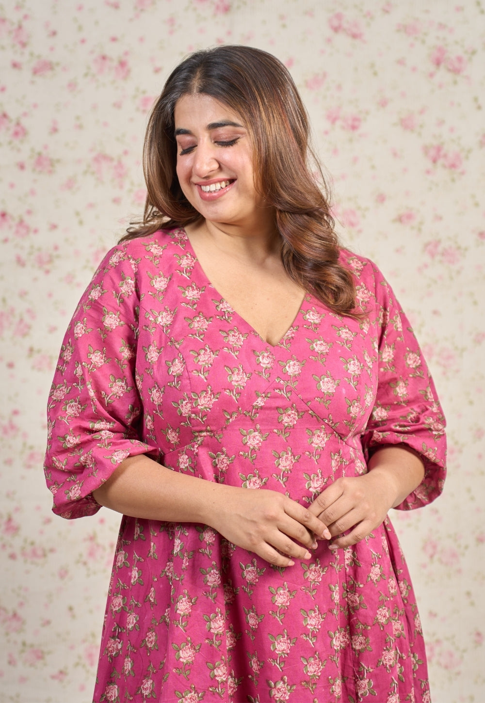 Julia Pink Sanganeri Mul Cotton A Line Dress