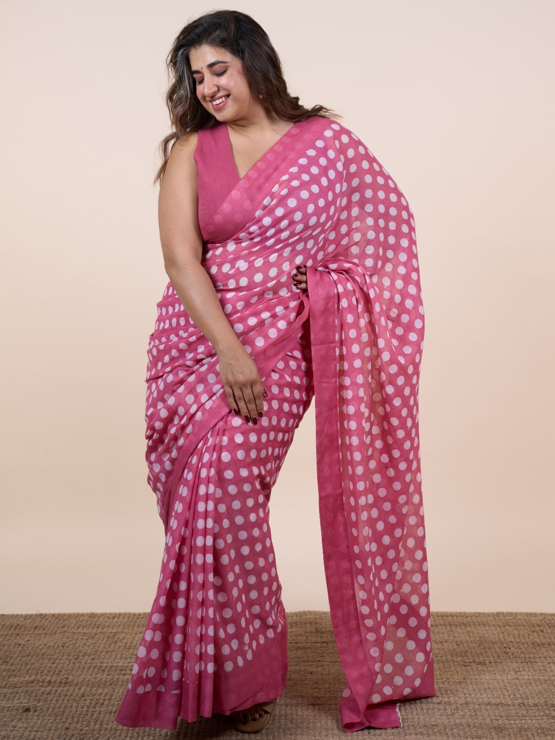 Areeza Pink Batik Hand Block Print Mul Cotton Saree with Embroidery