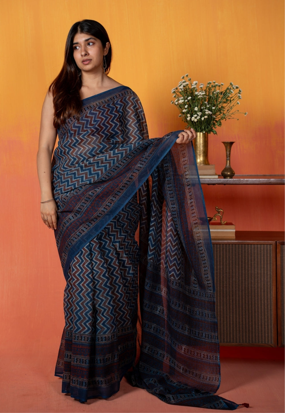 Blue Chevron Ajrakh Hand Block Print Kota Doria Cotton Saree