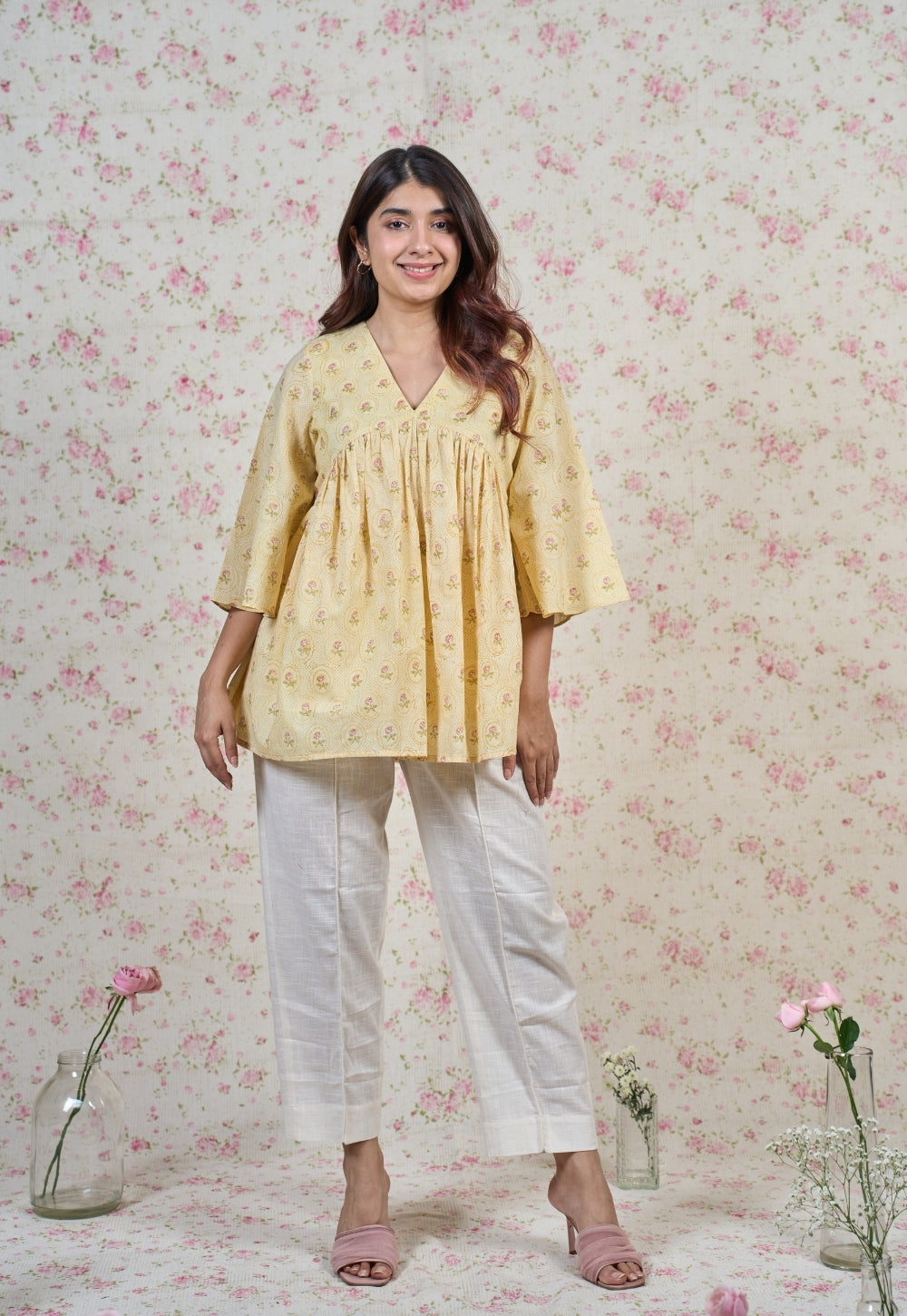Alice Yellow Sanganeri Mul Cotton A Line Short Top