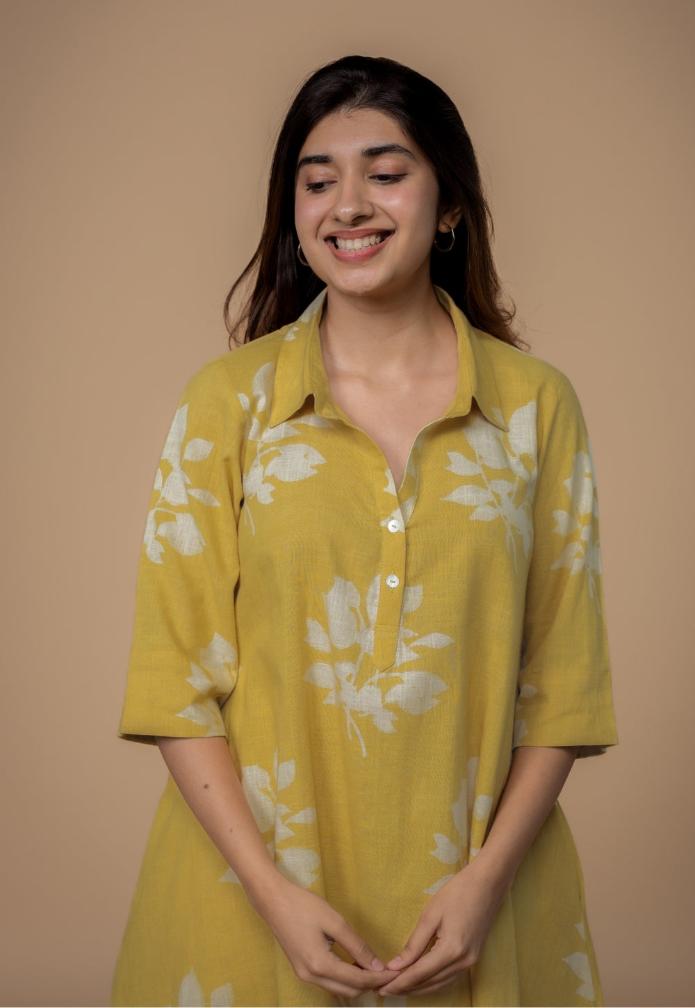 Srisha Yellow Dabu Slub Cotton A Line Dress
