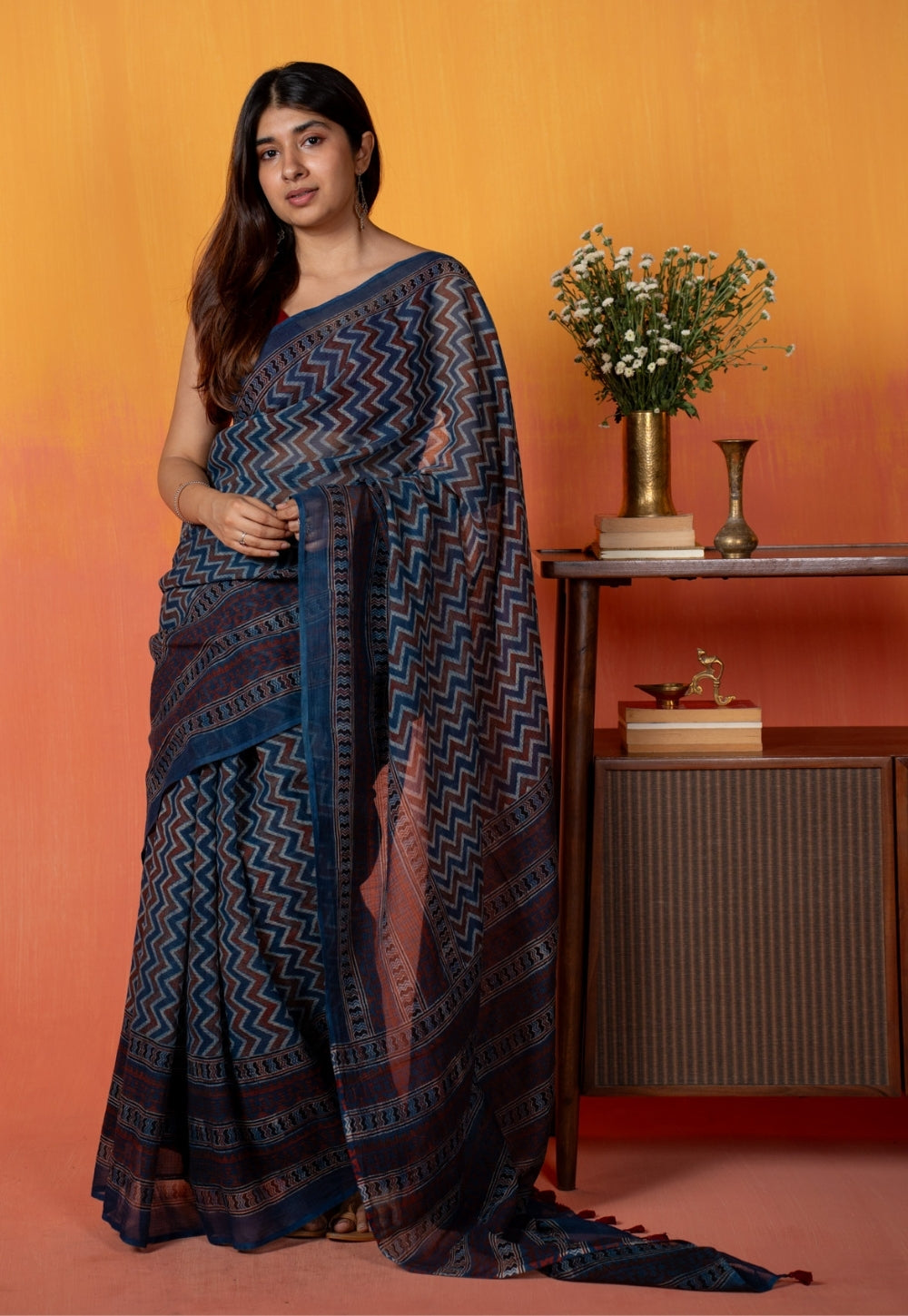 Blue Chevron Ajrakh Hand Block Print Kota Doria Cotton Saree