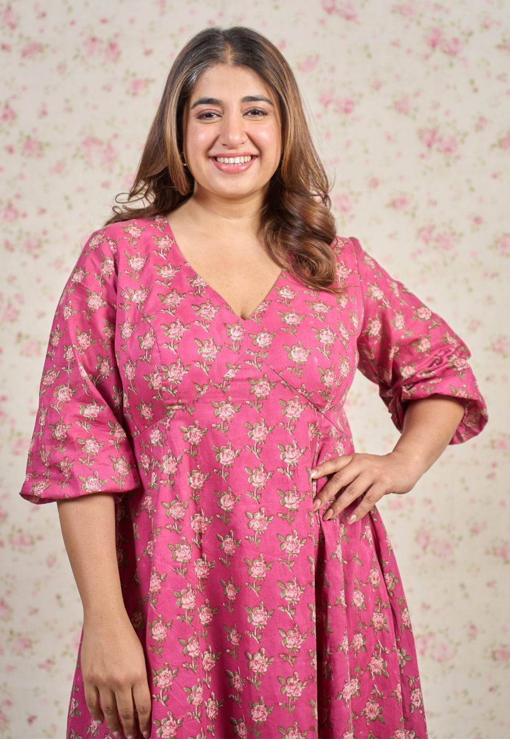 Julia Pink Sanganeri Mul Cotton A Line Dress