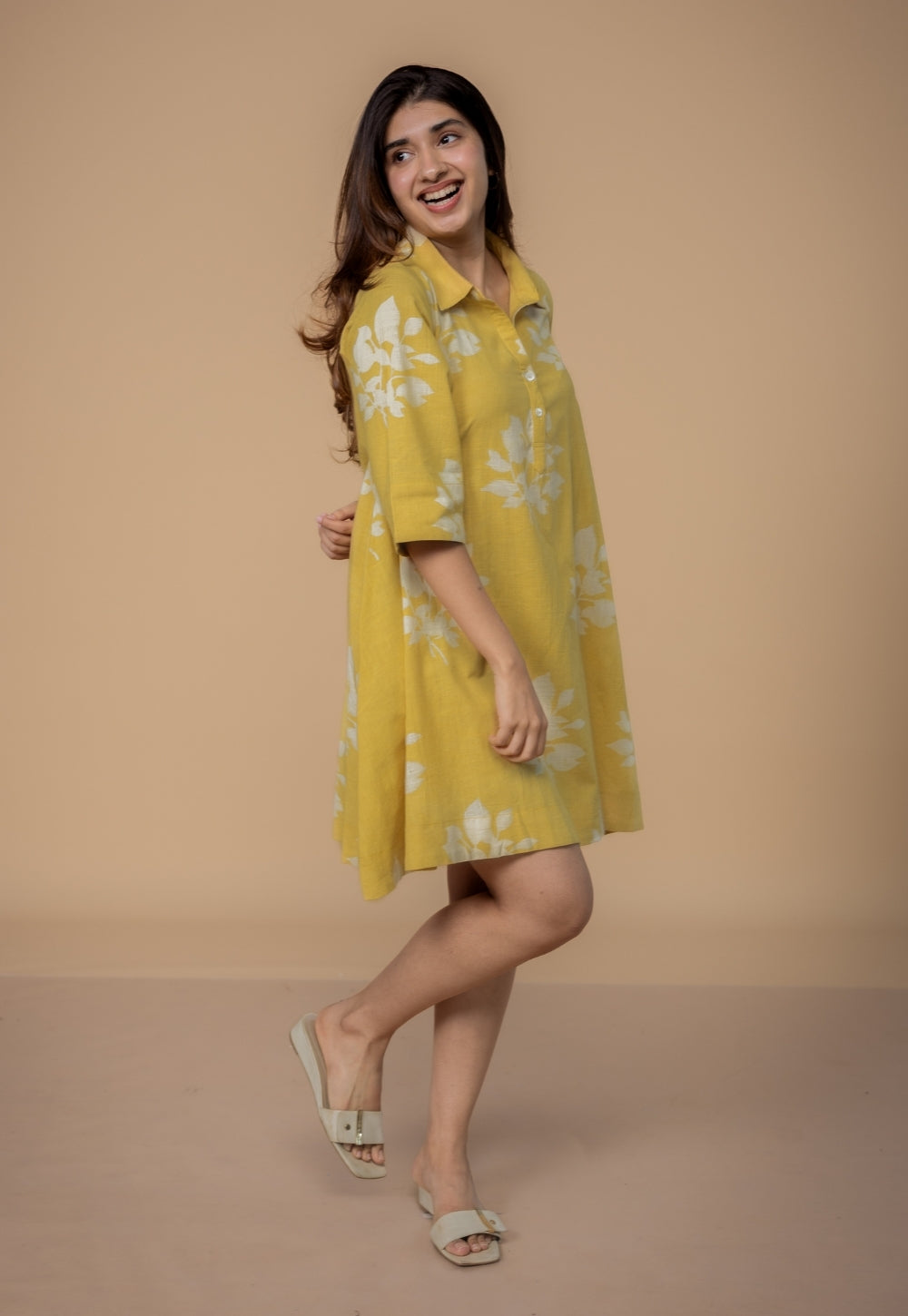 Srisha Yellow Dabu Slub Cotton A Line Dress
