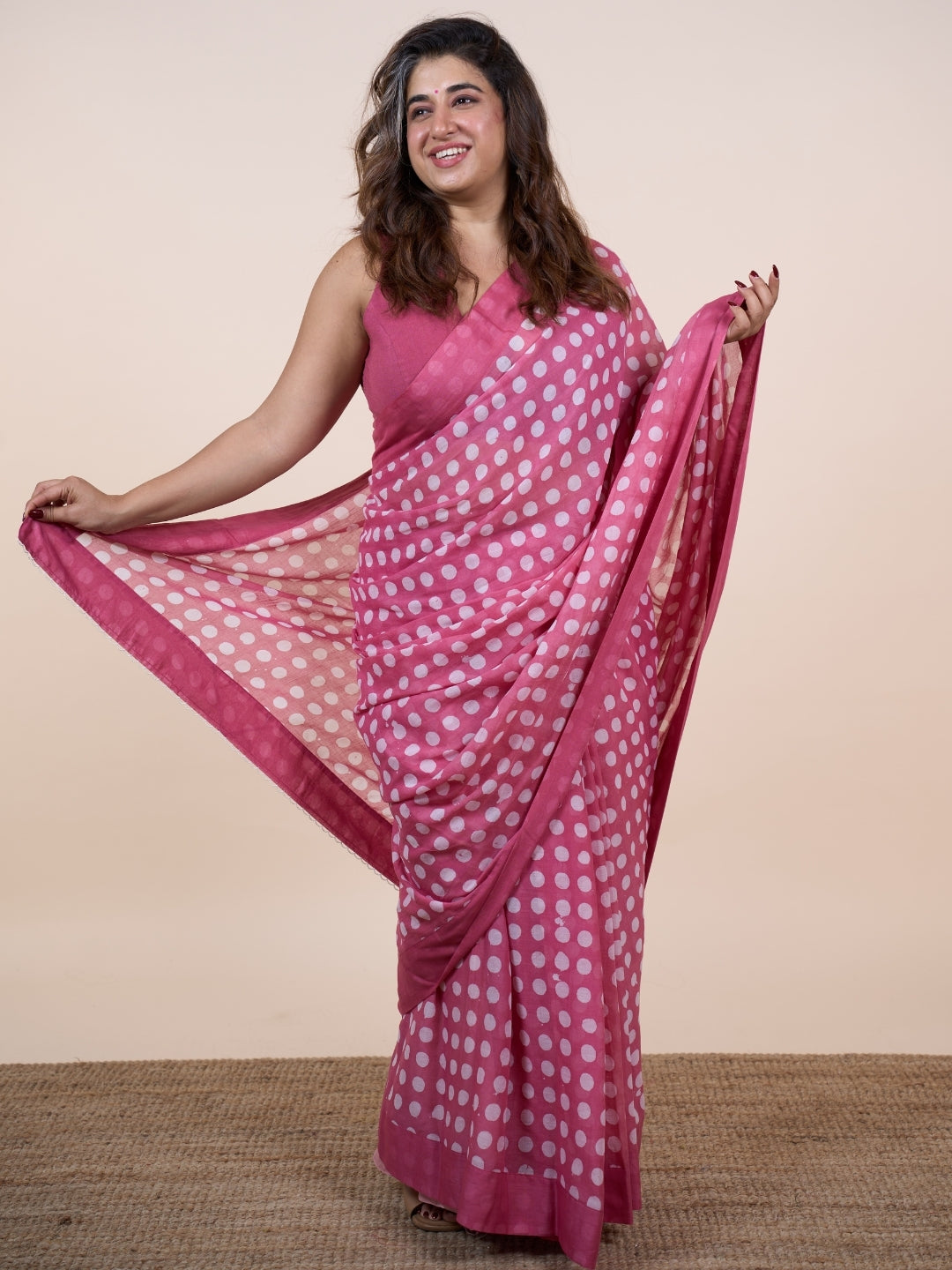 Areeza Pink Batik Hand Block Print Mul Cotton Saree with Embroidery