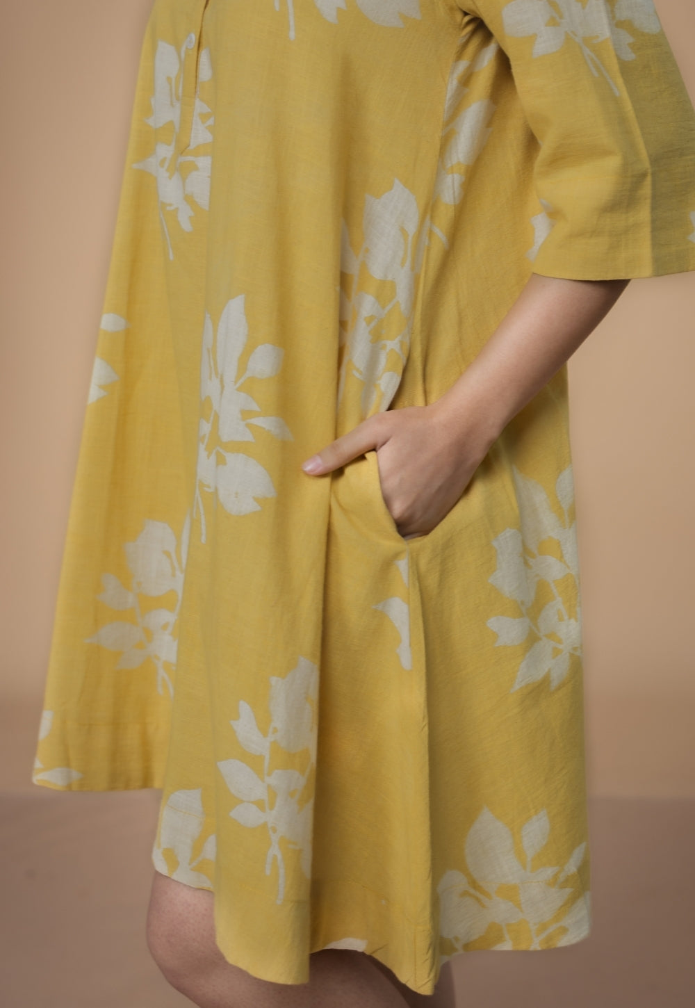 Srisha Yellow Dabu Slub Cotton A Line Dress