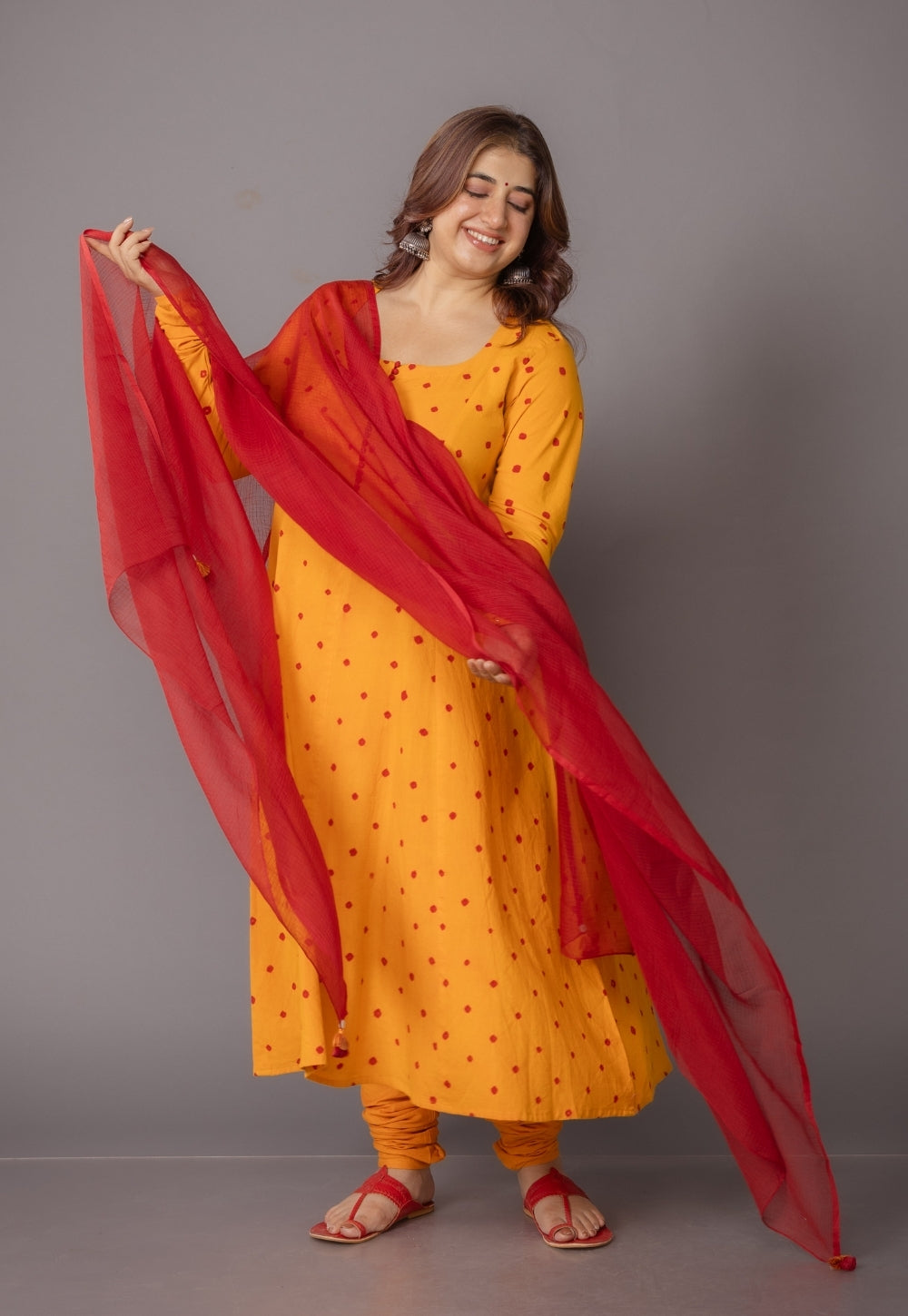Akrita Yellow Bandhani Cotton Kali Suit Set (Set of 3)