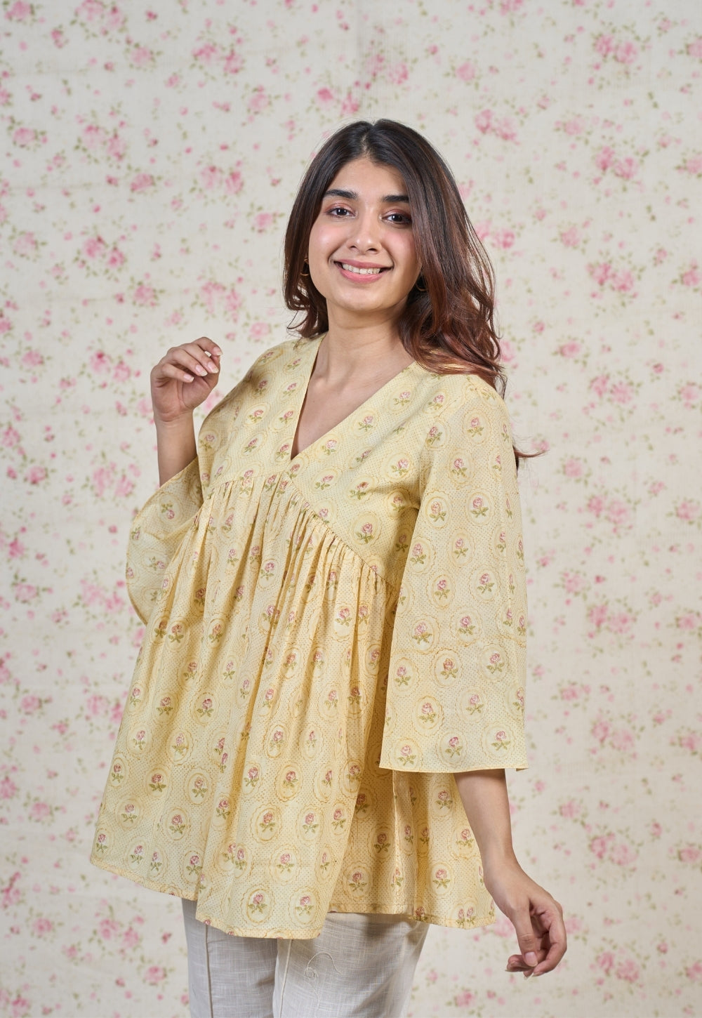 Alice Yellow Sanganeri Mul Cotton A Line Short Top