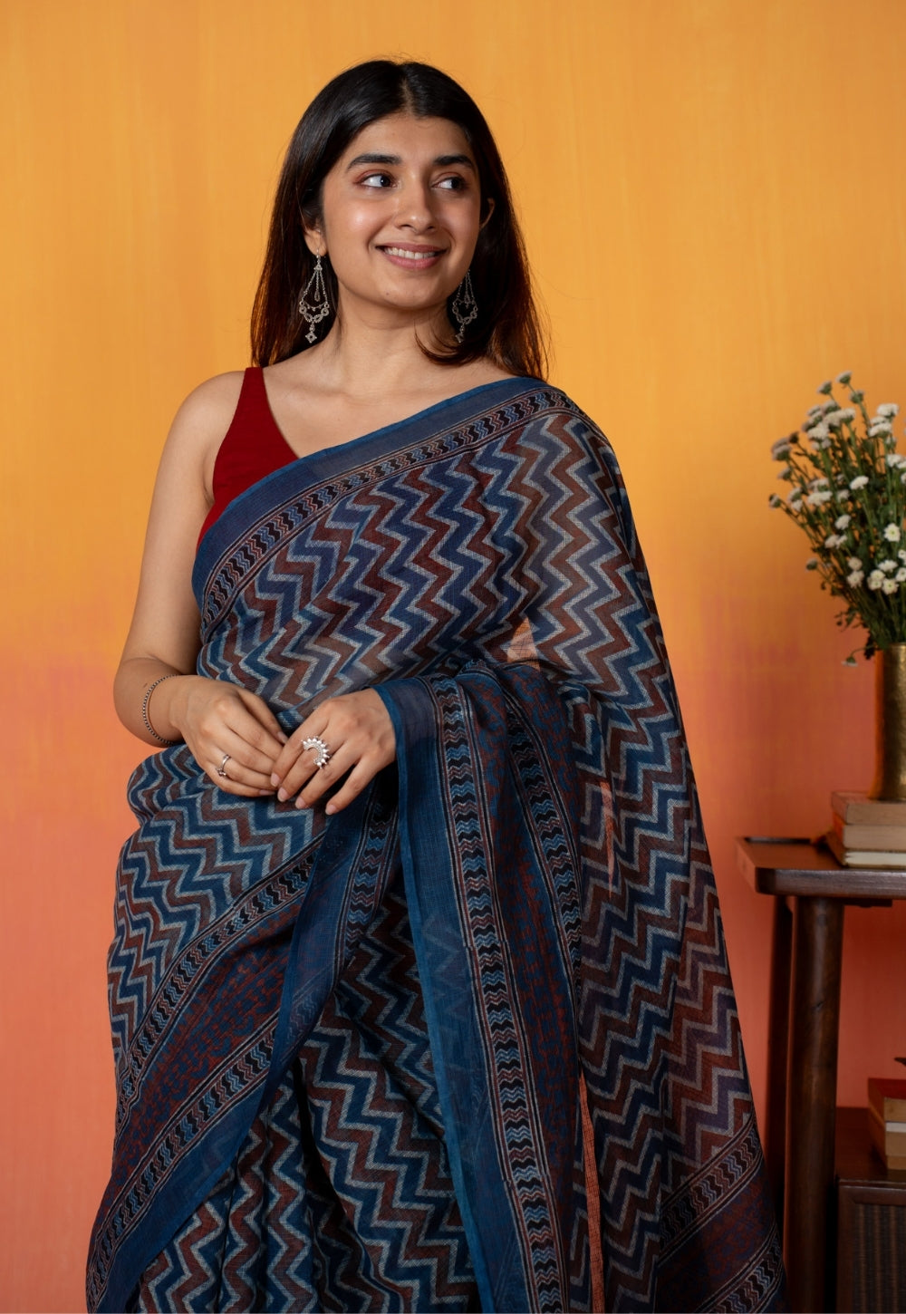 Blue Chevron Ajrakh Hand Block Print Kota Doria Cotton Saree