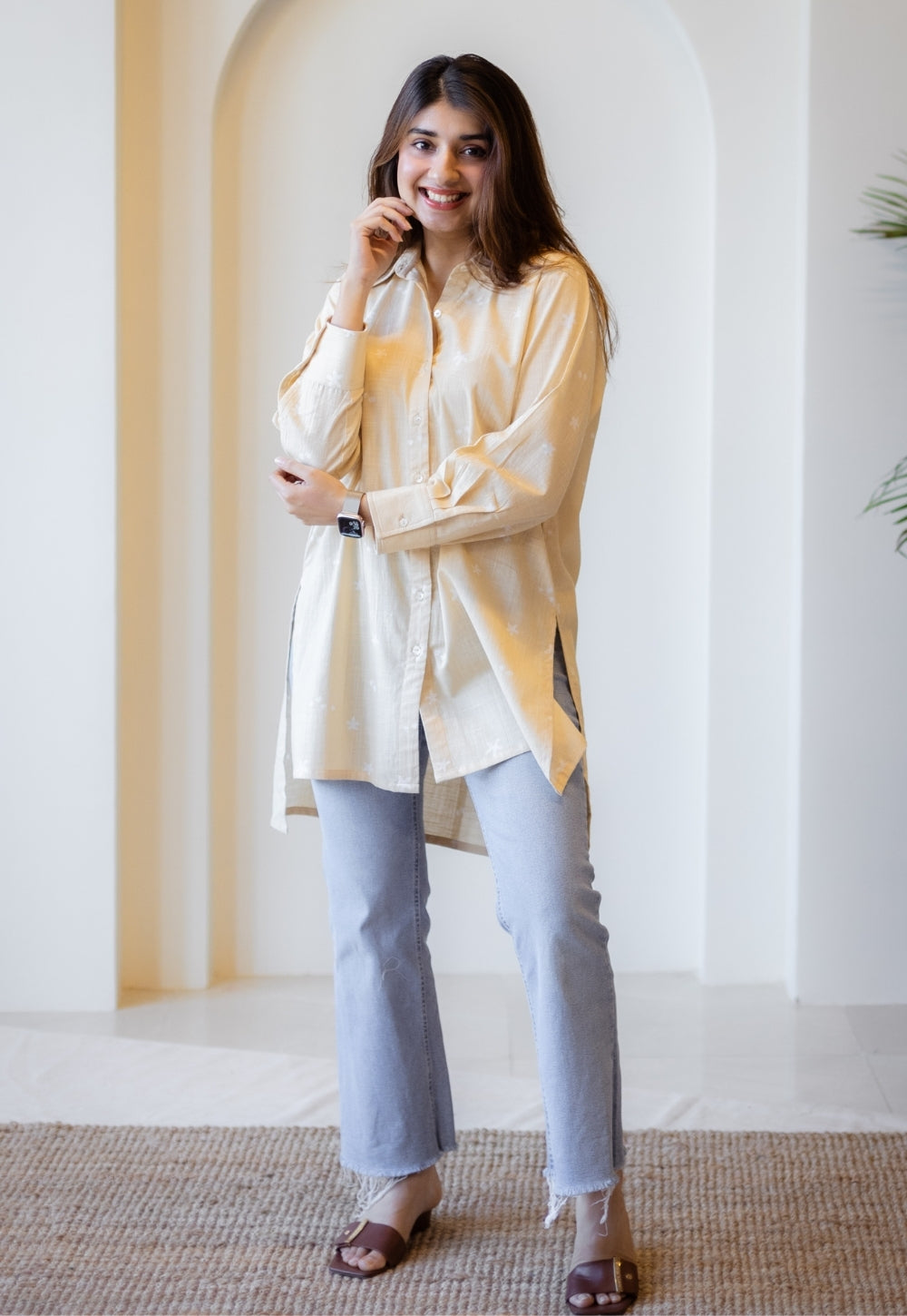 Meera Beige Hand Block Print Slub Cotton A Line Short Top