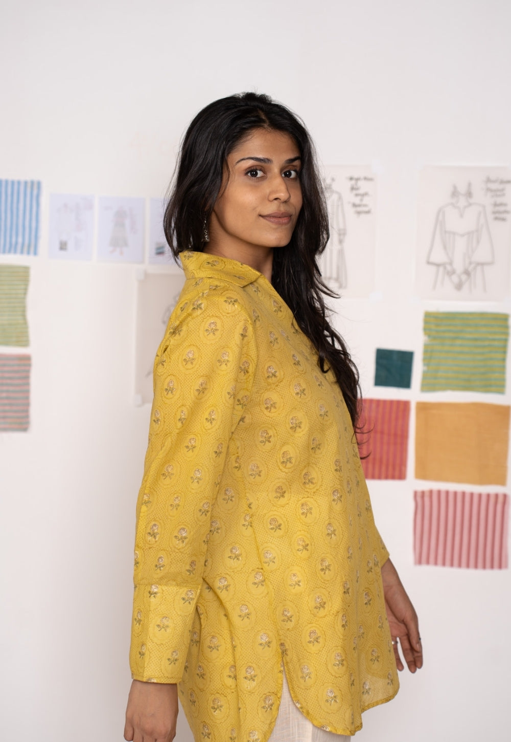 Zohal Yellow Sanganeri Mul Cotton Straight Short Top