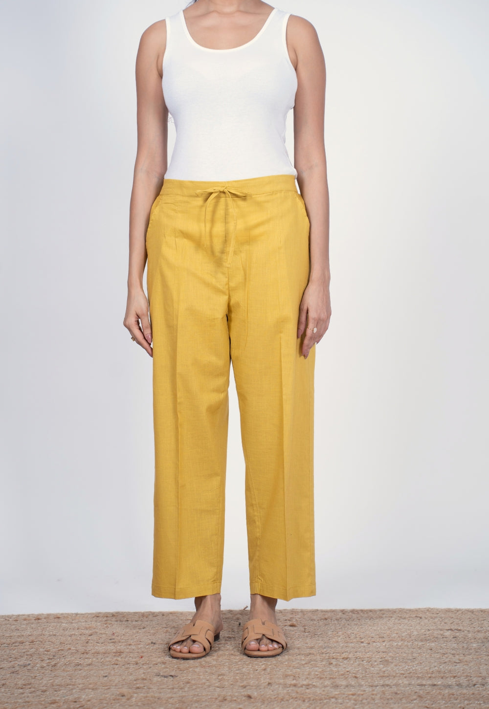 Yashi Yellow Solid Slub Cotton Straight Palazzo Pant