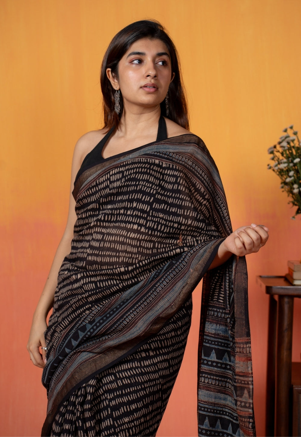 Black Objects Ajrakh Hand Block Print Maheshwari Saree