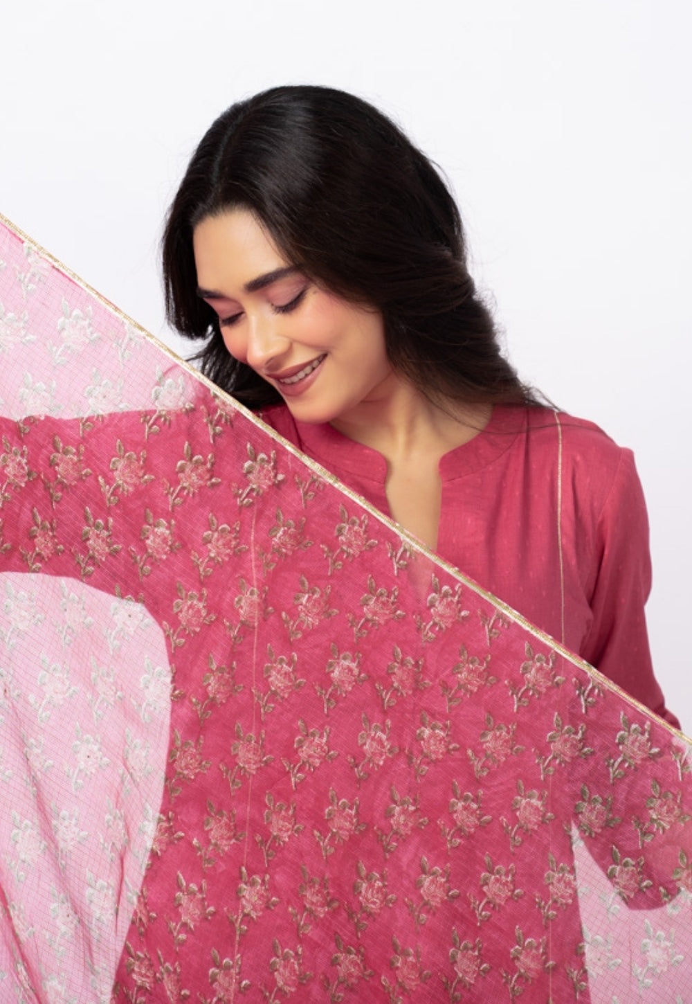 Huma Pink Solid Cotton Kali Kurta Suit Set with Printed Dupatta (Set of 3)