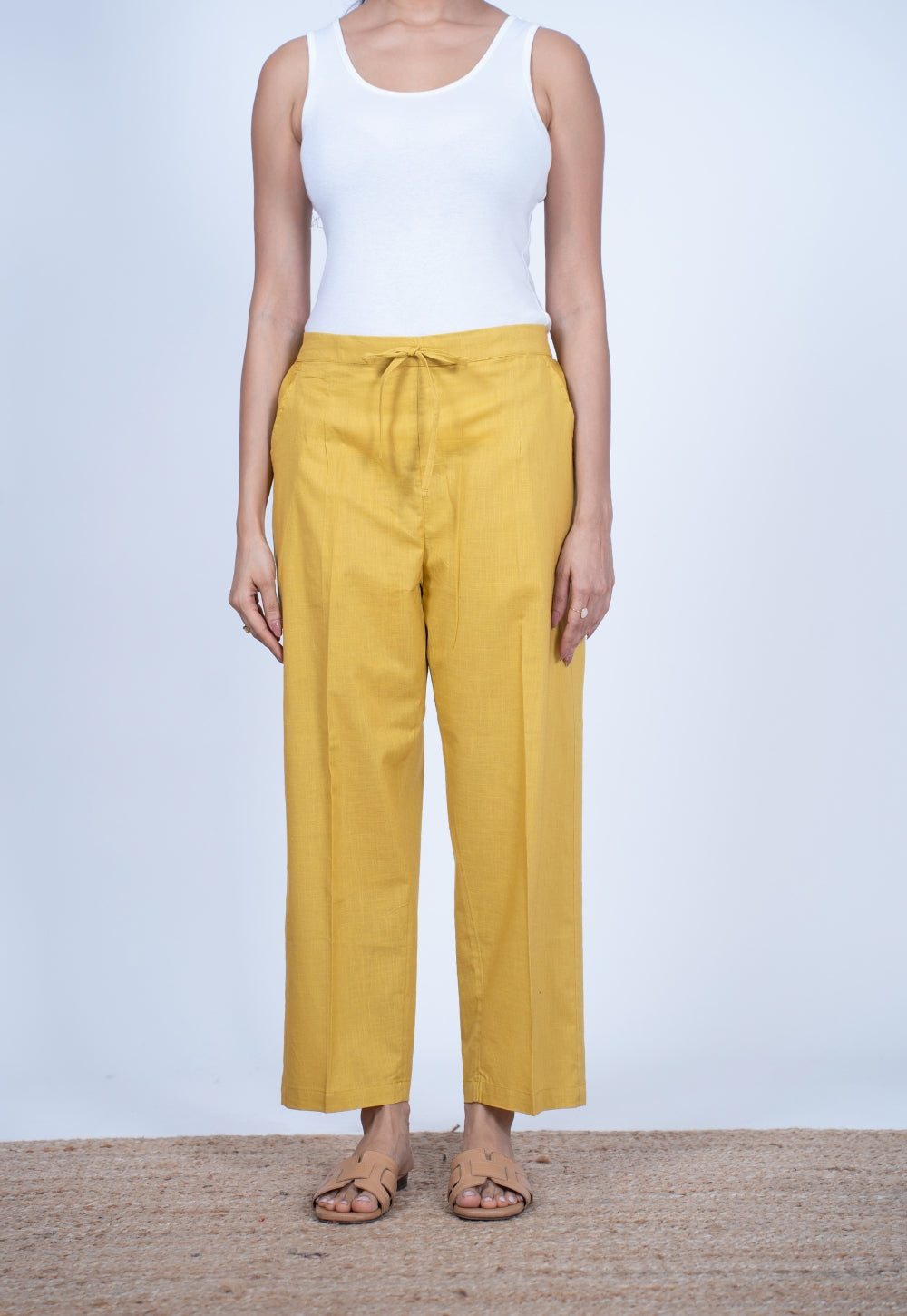 Yashi Yellow Solid Slub Cotton Straight Palazzo Pant