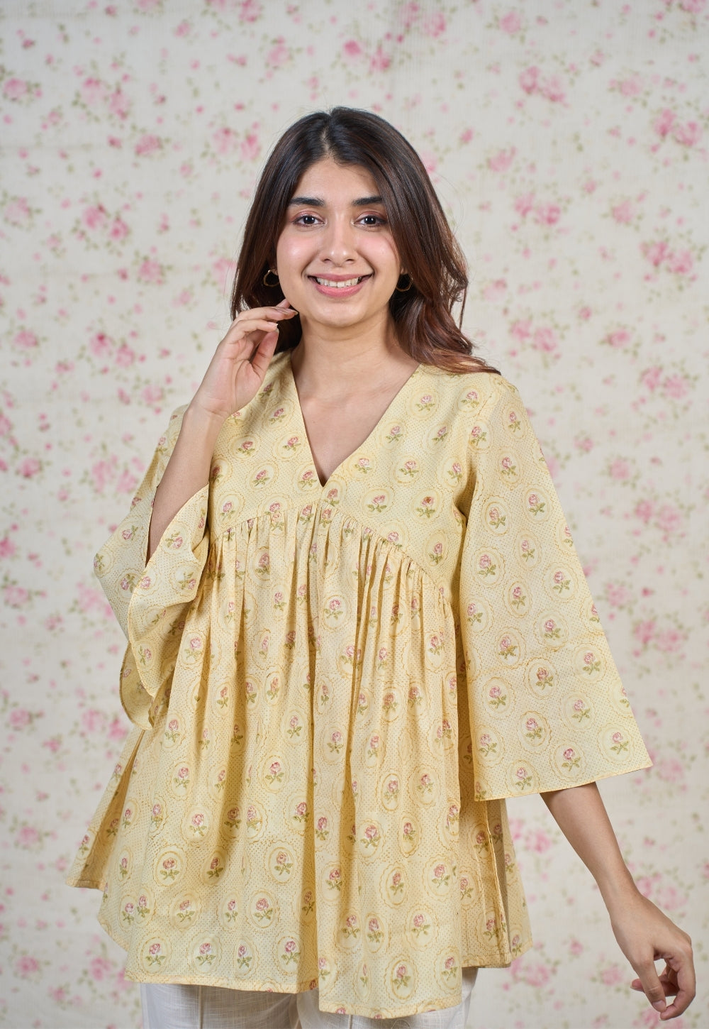 Alice Yellow Sanganeri Mul Cotton A Line Short Top