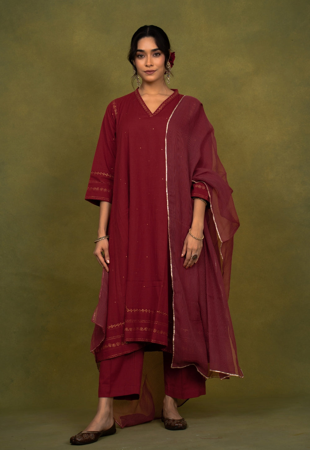 Iqra Red Rogan Handblock Printed Slub Cotton Jhabbha Kali Suit Set (Set of 3)