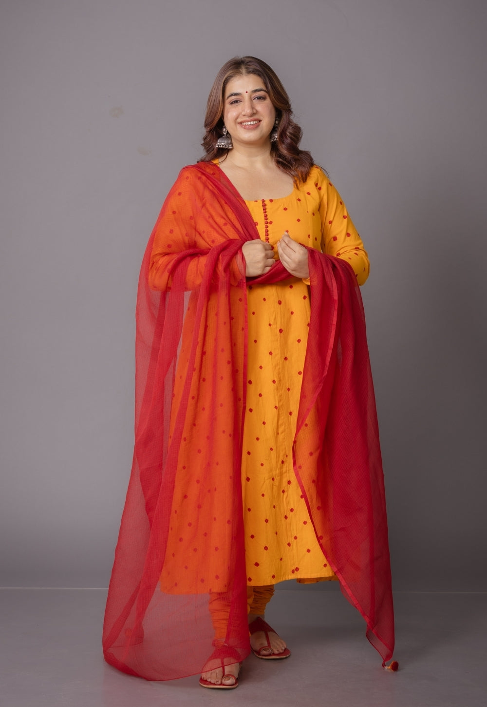 Akrita Yellow Bandhani Cotton Kali Suit Set (Set of 3)