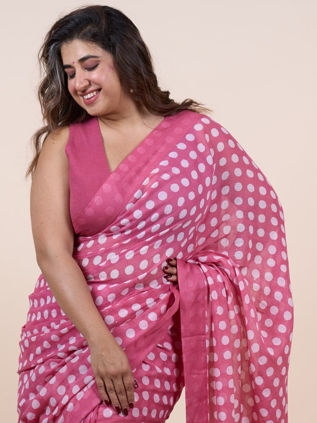 Areeza Pink Batik Hand Block Print Mul Cotton Saree with Embroidery