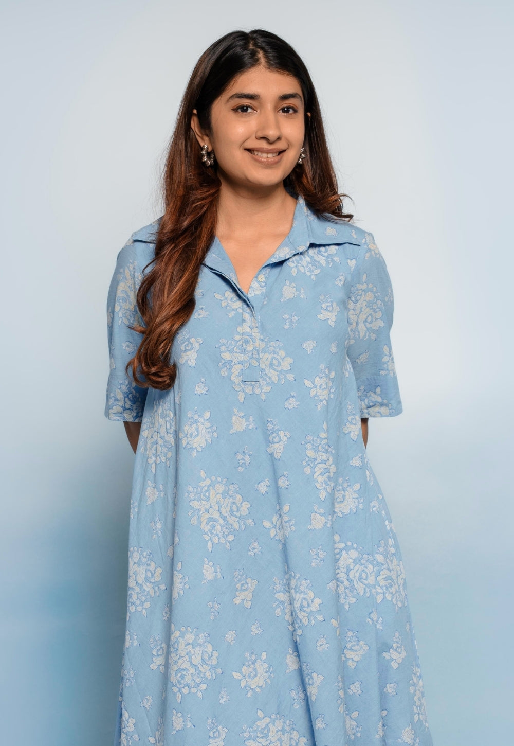 Srisha Blue Dabu Mul Cotton A Line Dress