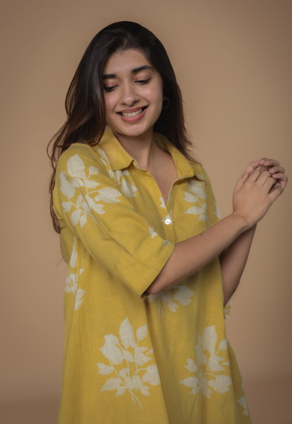 Srisha Yellow Dabu Slub Cotton A Line Dress