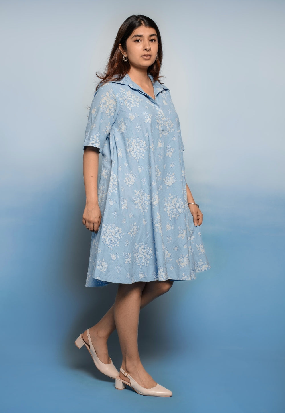 Srisha Blue Dabu Mul Cotton A Line Dress