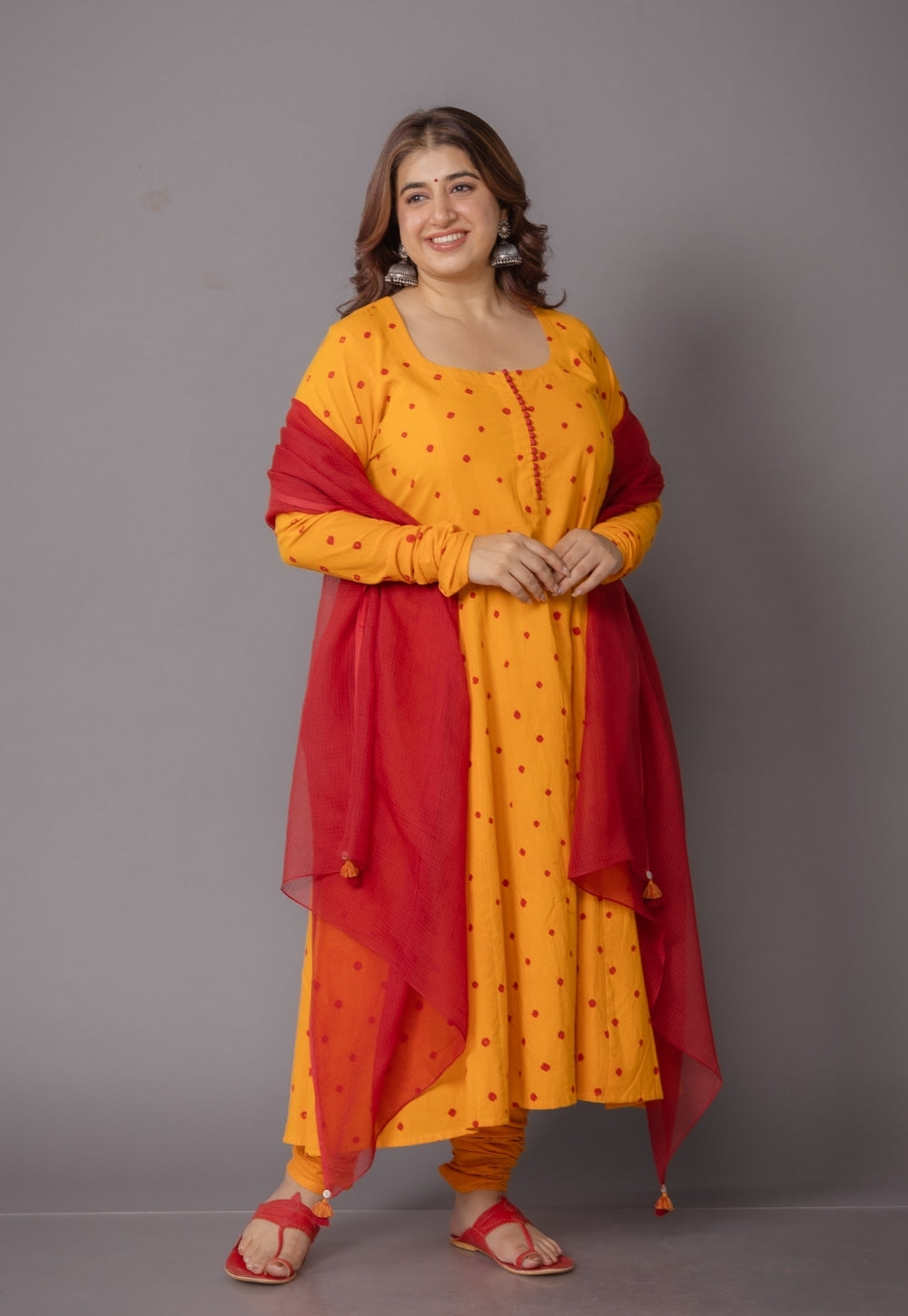 Akrita Yellow Bandhani Cotton Kali Suit Set (Set of 3)