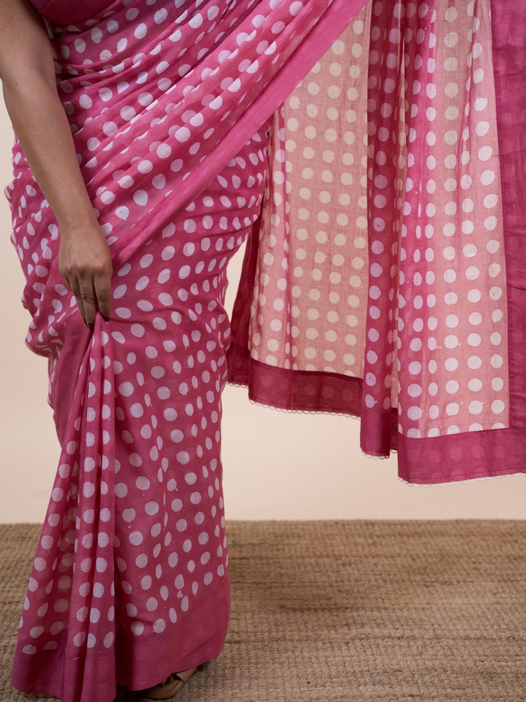 Areeza Pink Batik Hand Block Print Mul Cotton Saree with Embroidery