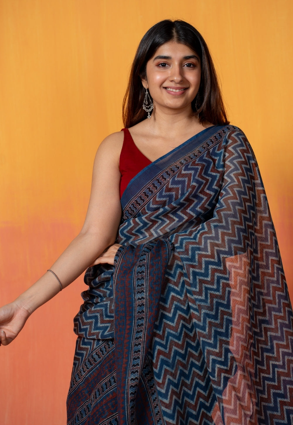 Blue Chevron Ajrakh Hand Block Print Kota Doria Cotton Saree