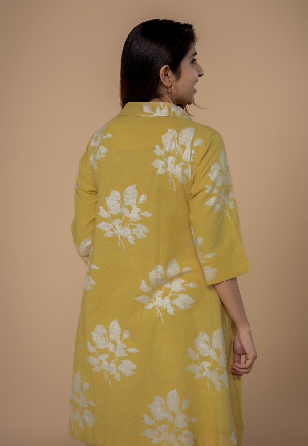 Srisha Yellow Dabu Slub Cotton A Line Dress