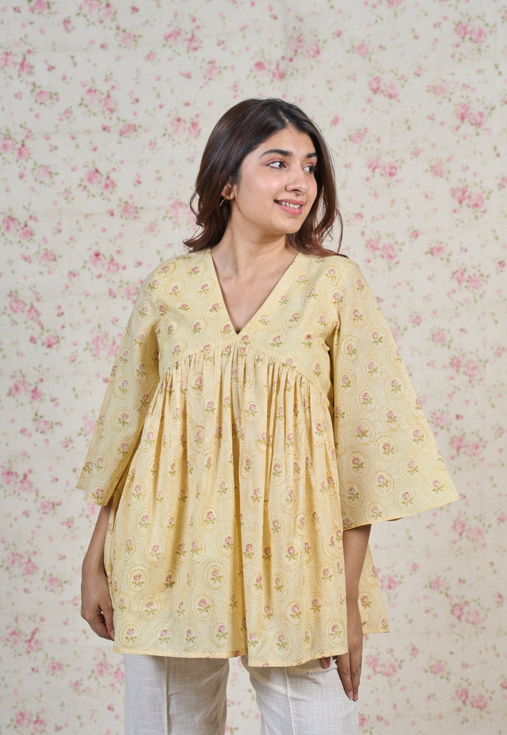 Alice Yellow Sanganeri Mul Cotton A Line Short Top