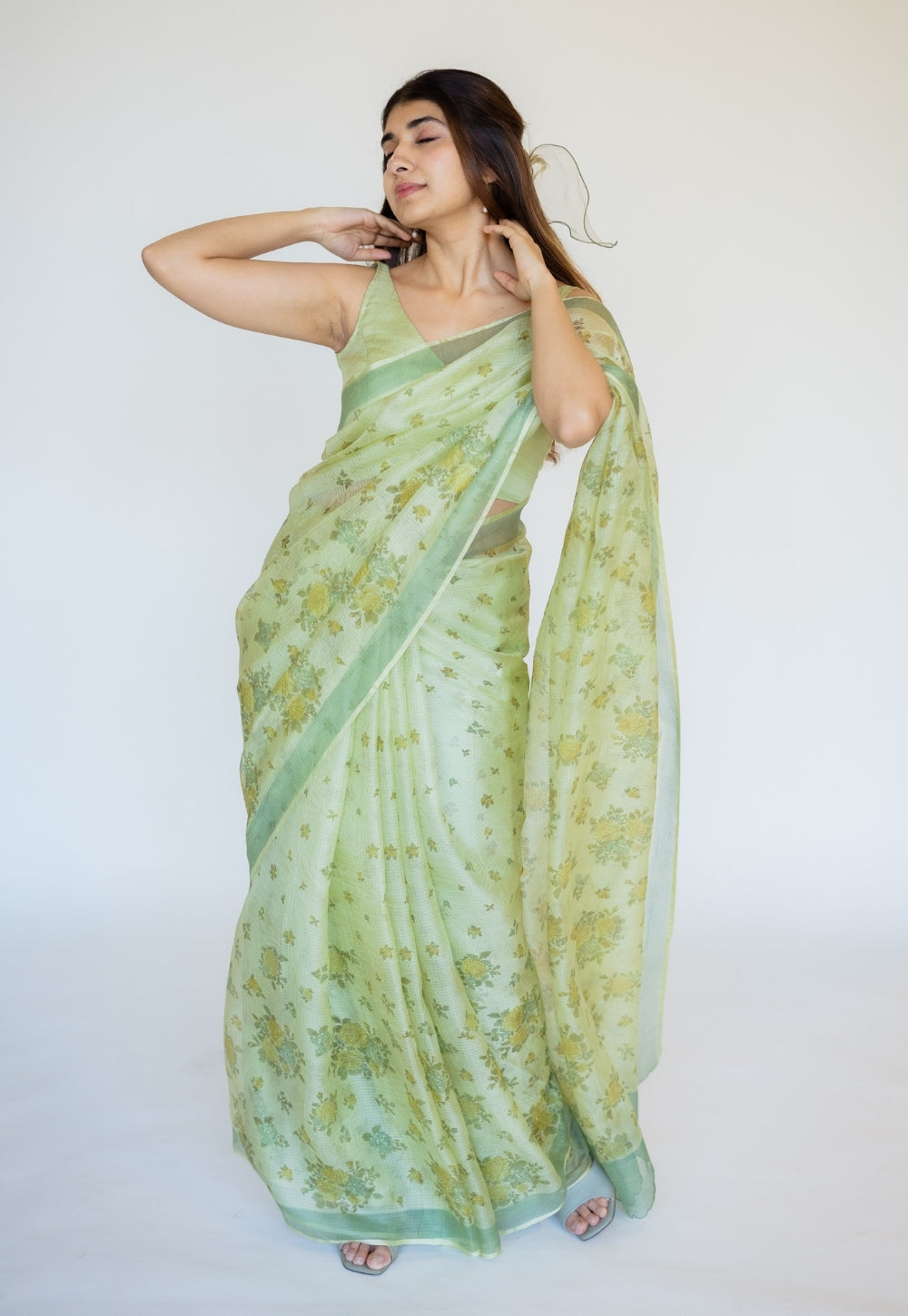 Green Sanganeri Hand Block Print Kota Doria Silk Saree