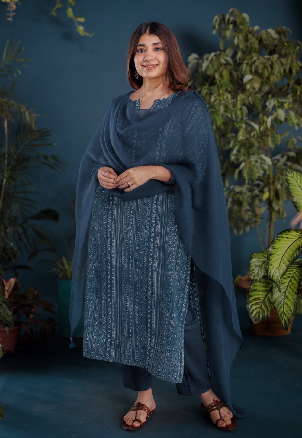 Haya Blue Ajrakh Cotton Straight Kurta