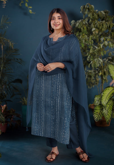 Haya Blue Ajrakh Cotton Straight Kurta