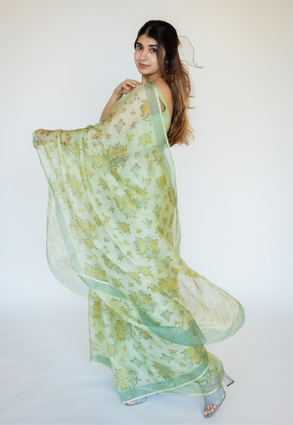 Green Sanganeri Hand Block Print Kota Doria Silk Saree
