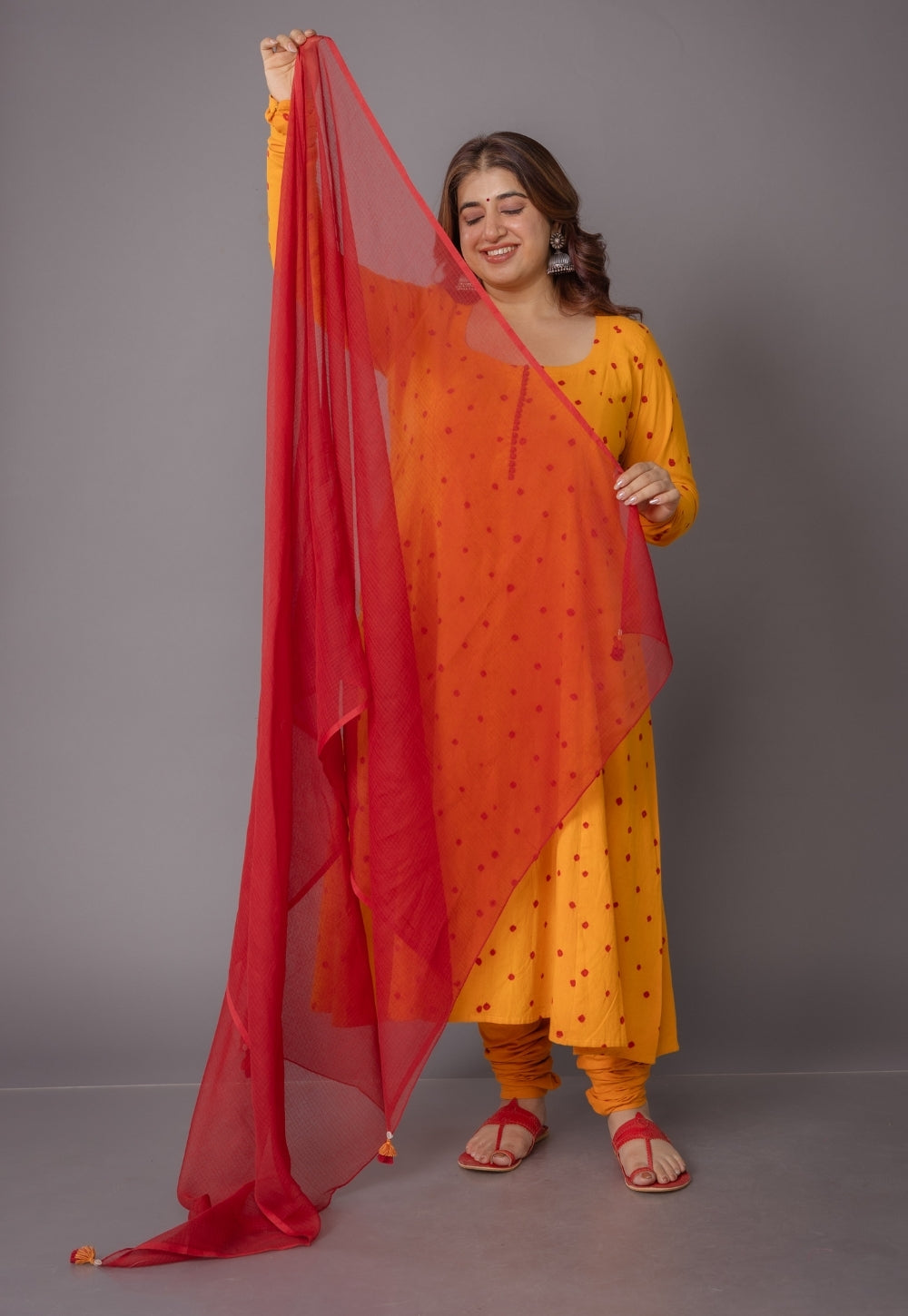 Akrita Yellow Bandhani Cotton Kali Suit Set (Set of 3)