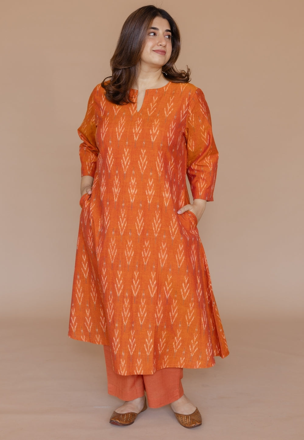 Geet Orange Handloom Ikkat Cotton A Line Kurta Set (Set of 2)